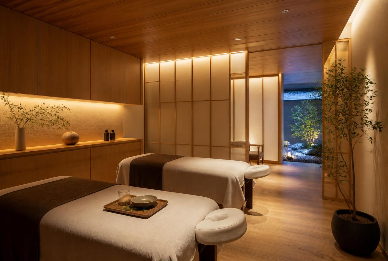 Illustrative interior of a calm Japanese wellness salon treatment room